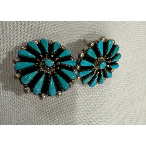 Native American Sleeping Beauty Turquoise Earrings Needlepoint Sterling Signed - Picture 6 of 7